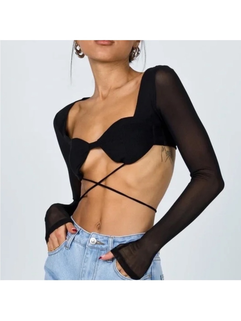 Princess Polly black mesh bra long sleeve body lace up crop top